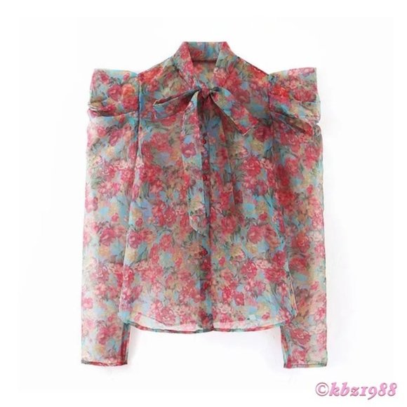 Brand New! Zara Puff Sleeve Statement Blouse Floral Organza Bow Tie Neck Pink - Picture 5 of 14